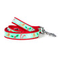 Gingerbread figures on green ribbon nylon dog leash, coiled