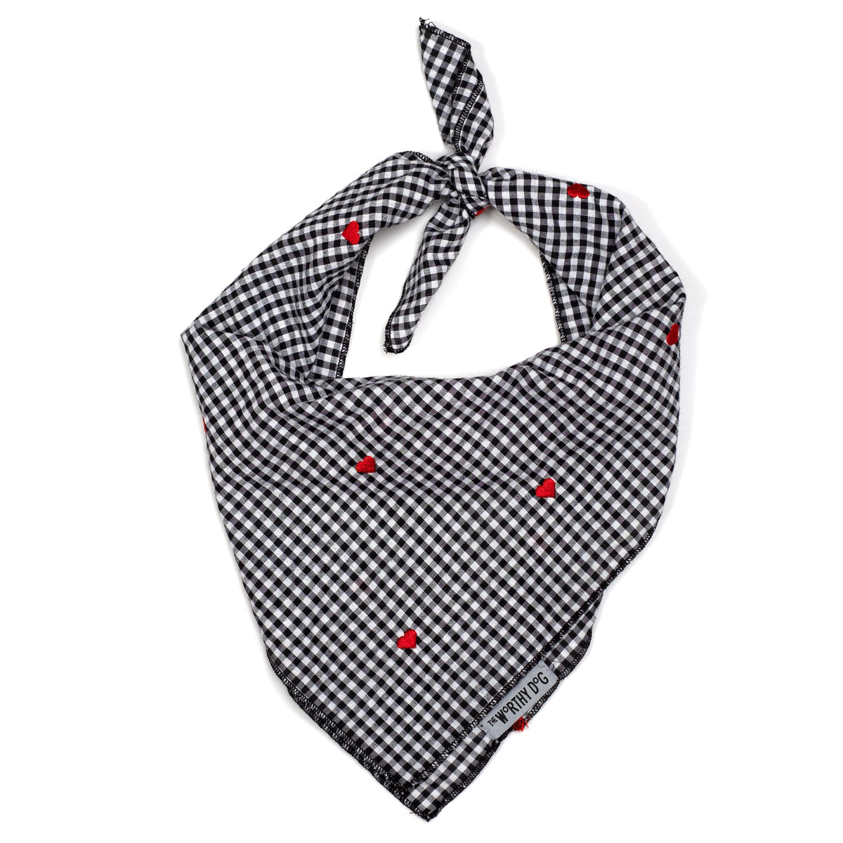 Gingham Hearts Dog Bandana – Cotton, Black, Sizes S, L