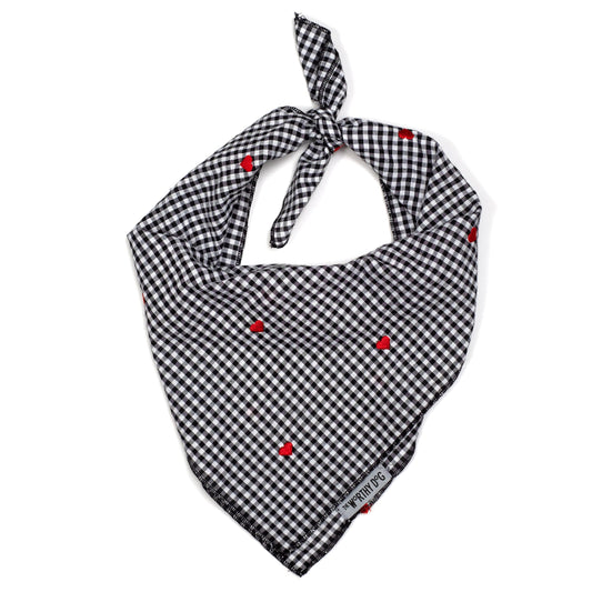 Gingham Hearts Dog Bandana – Cotton, Black, Sizes S, L