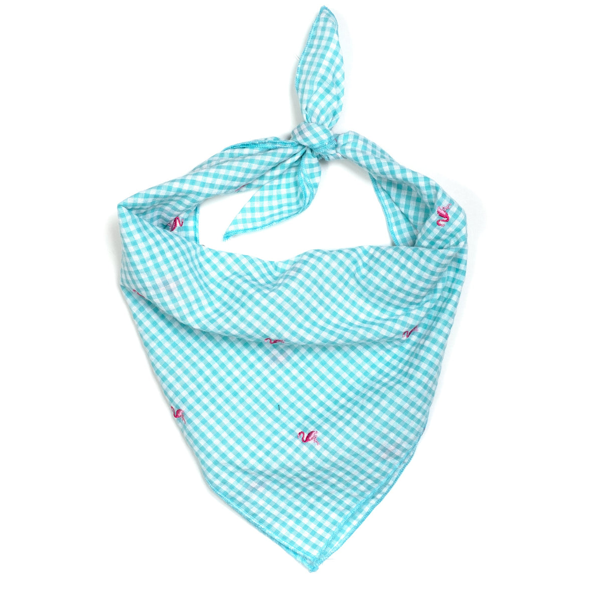 Gingham Flamingos Dog Bandana – Cotton, Aqua, Sizes S, L