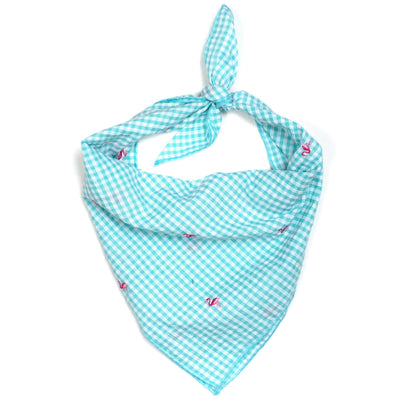 Gingham Flamingos Dog Bandana – Cotton, Aqua, Sizes S, L