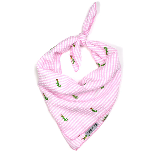 Pink Stripe Alligator Dog Bandana – Cotton, Pink, Sizes S, L