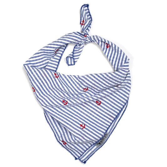 Navy Stripe Anchor Dog Bandana – Cotton, Navy, Sizes S, L