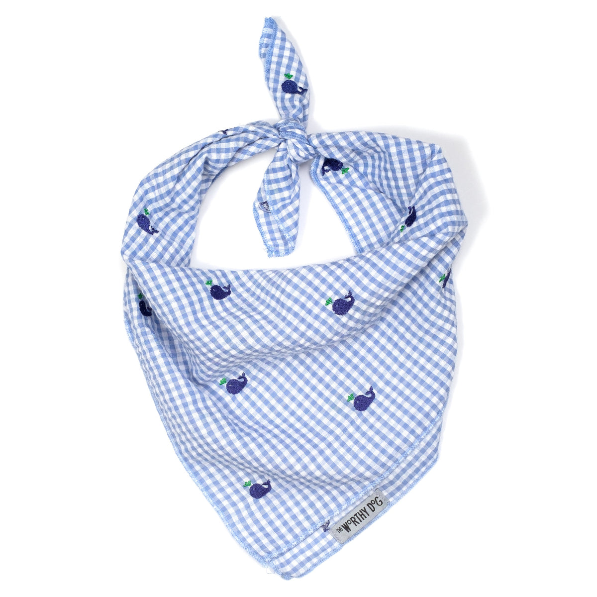 Gingham Whales Dog Bandana – Cotton, Blue, Sizes S, L