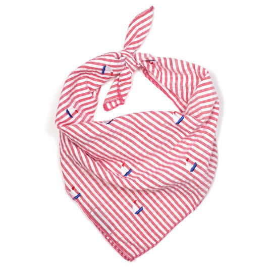 Red Stripe Sailboat Dog Bandana – Cotton, Red/White, Sizes S, L