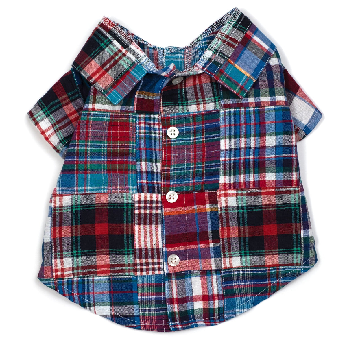Blue Multi Patch Madras Dog Shirt – Cotton, Blue Multicolored, Sizes XS–XXL