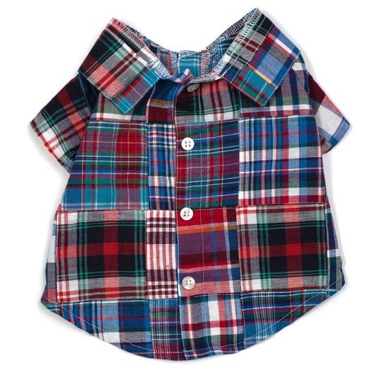 Blue Multi Patch Madras Dog Shirt – Cotton, Blue Multicolored, Sizes XS–XXL