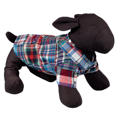 Blue Multi Patch Madras Dog Shirt – Cotton, Blue Multicolored, Sizes XS–XXL