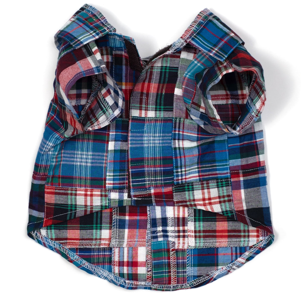 Blue Multi Patch Madras Dog Shirt – Cotton, Blue Multicolored, Sizes XS–XXL