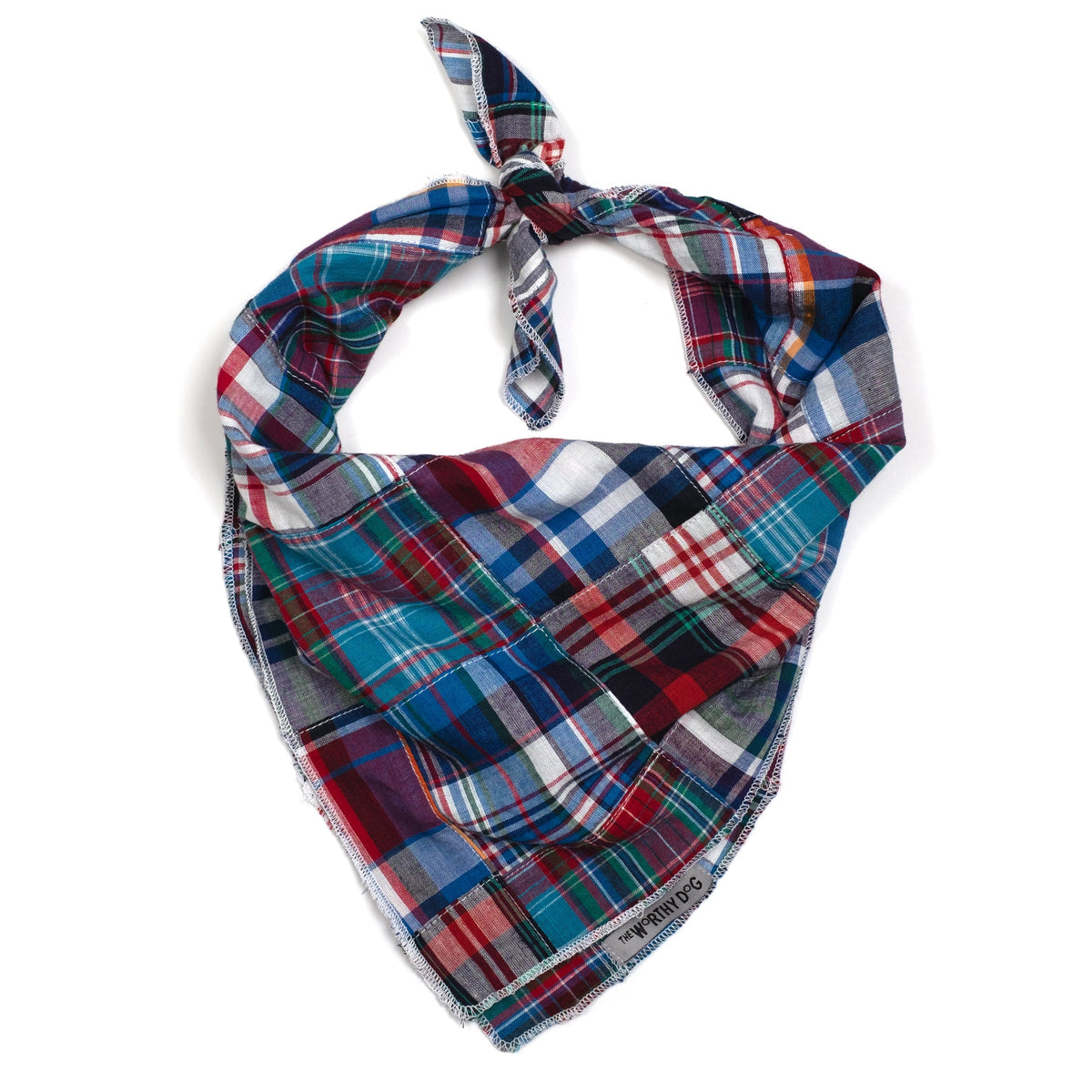 Blue Multi Patch Madras Dog Bandana – Cotton, Blue Multicolored, Sizes S, L
