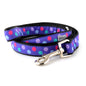 Multicolored round dots on purple ribbon nylon dog leash, coiled