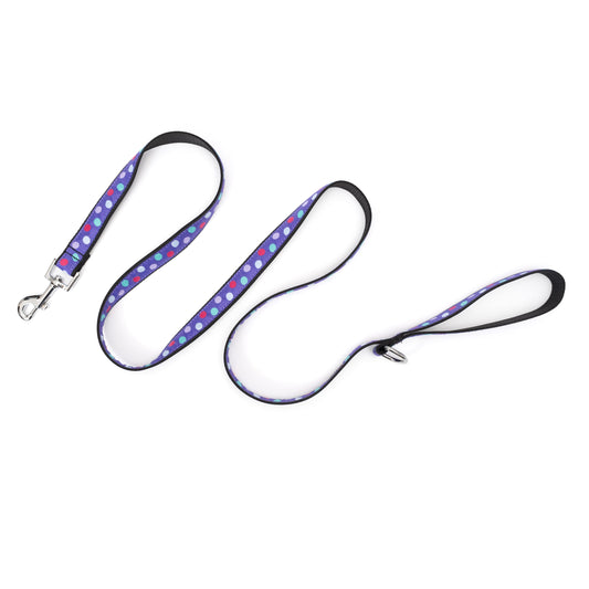 Multicolored round dots on purple ribbon nylon dog leash, extended
