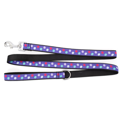 Multicolored round dots on purple ribbon nylon dog leash, ribbon and backing detail