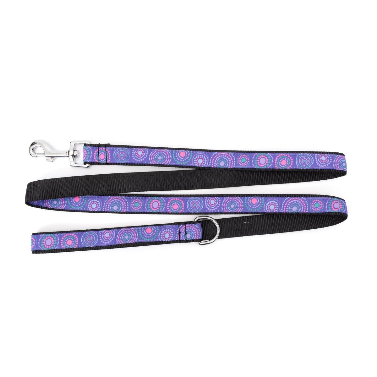 Purple Sunburst Nylon Dog Leash — flat strap and hardware view