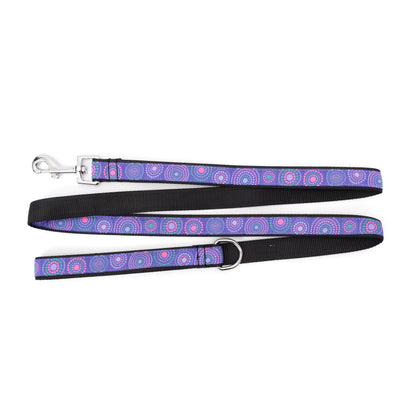 Purple Sunburst Nylon Dog Leash — flat strap and hardware view