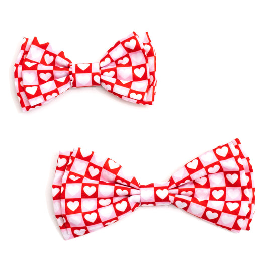Colorblock Hearts Dog Bow Tie – Polyester, Red, Sizes S, L