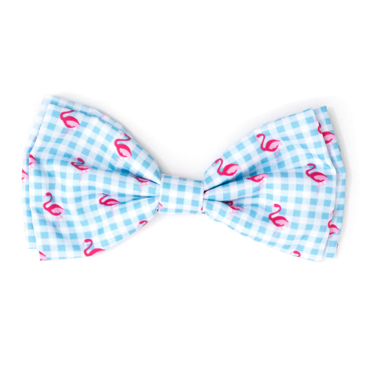 Gingham Flamingos Dog Bow Tie – Polyester, Aqua/White, Sizes S, L