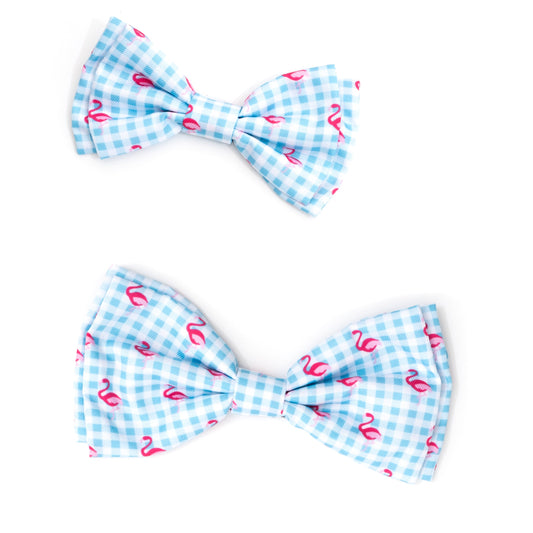 Gingham Flamingos Dog Bow Tie – Polyester, Aqua/White, Sizes S, L