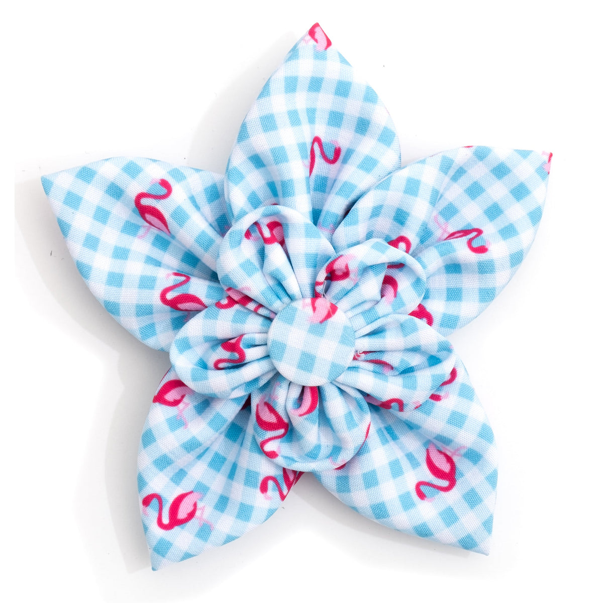 Gingham Flamingos Dog Flower – Polyester, Aqua/White, Sizes S, L