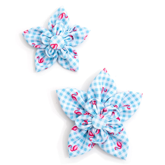 Gingham Flamingos Dog Flower – Polyester, Aqua/White, Sizes S, L