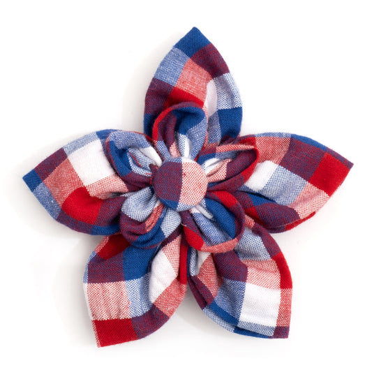 Red/White/Blue Check Dog Flower – Cotton, Red/White/Blue, Sizes S, L