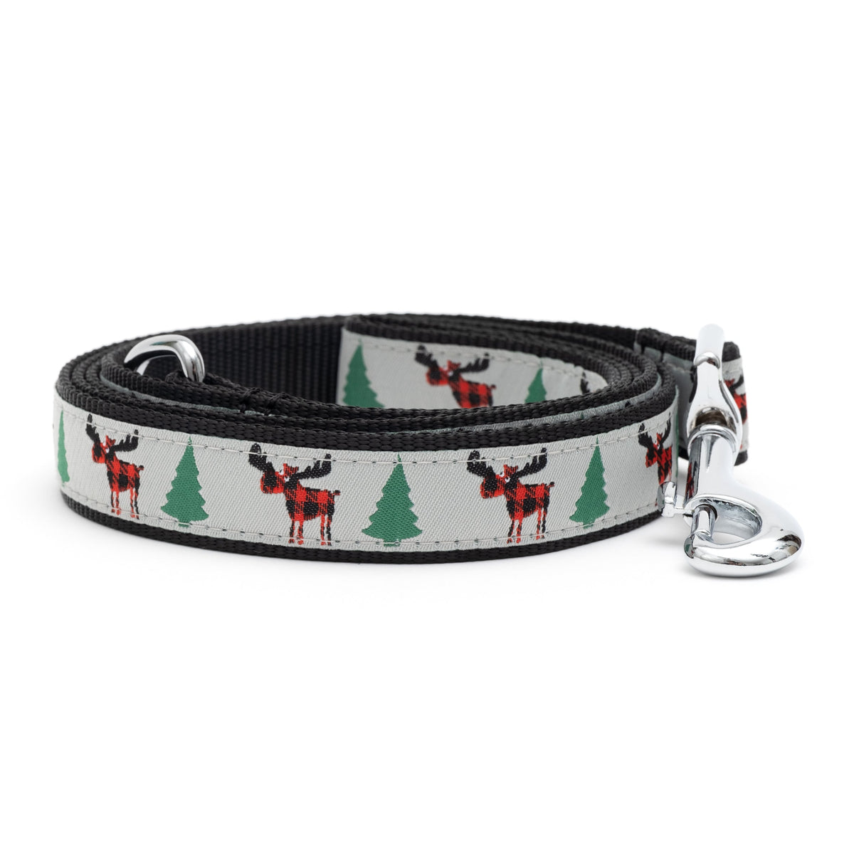 Buffalo Moose gray ribbon and nylon dog leash, coiled leash