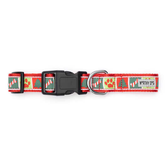 Good Tidings Dog Collar – Red/Green, Sizes XS–XL