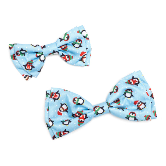 Penguins Dog Bow Tie – Polyester, Blue, Sizes S, L