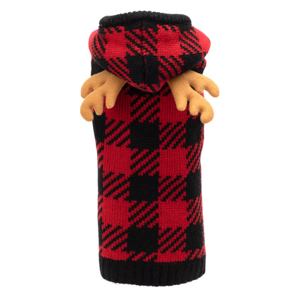 Buffalo Moose Hoodie Dog Sweater – Acrylic, Red/Black, Sizes XXS–XXL