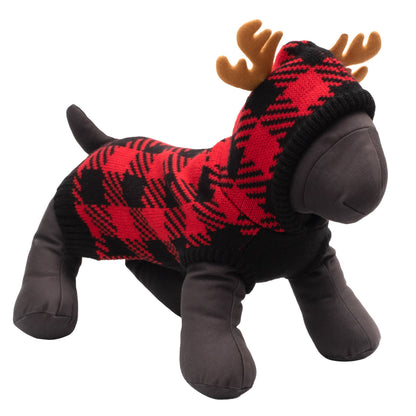 Buffalo Moose Hoodie Dog Sweater – Acrylic, Red/Black, Sizes XXS–XXL