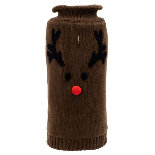 Reindeer Face Dog Sweater – Acrylic, Brown, Sizes XXS–XXL
