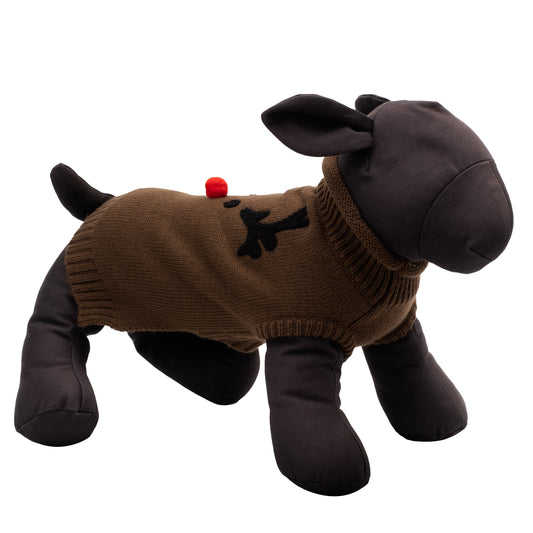 Reindeer Face Dog Sweater – Acrylic, Brown, Sizes XXS–XXL