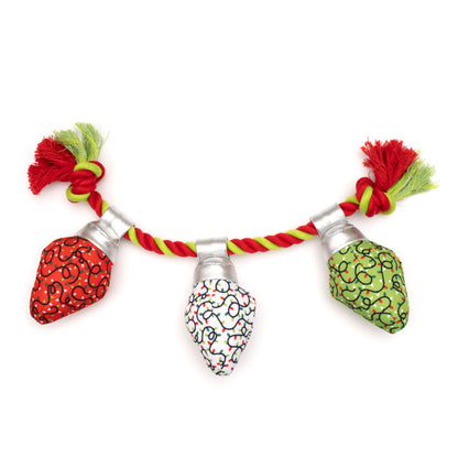 Christmas Lights Squeaky Dog Toy, front view of three fabric light bulbs