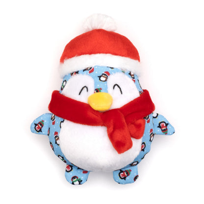 Blue Penguin Squeaky Dog Toy with Santa Hat and Scarf, front view with Santa hat and scarf
