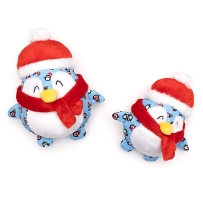 Blue Penguin Squeaky Dog Toy with Santa Hat and Scarf, Small and Large size comparison