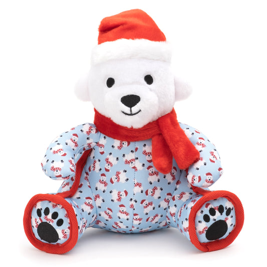 Christmas Polar Bear Squeaky Dog Toy, front view with scarf and Santa hat