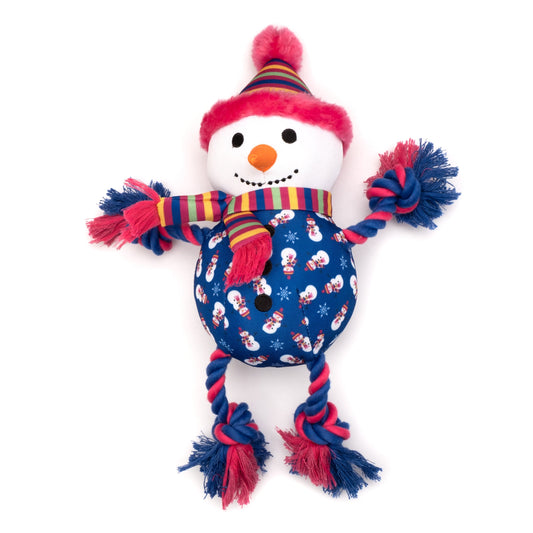 Blue Snowman Squeaky Dog Toy with Rope Arms and Legs, front view with rope limbs