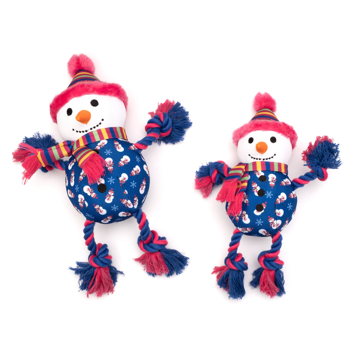 Blue Snowman Squeaky Dog Toy with Rope Arms and Legs, Small and Large size comparison