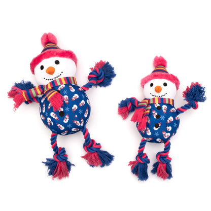 Blue Snowman Squeaky Dog Toy with Rope Arms and Legs, Small and Large size comparison