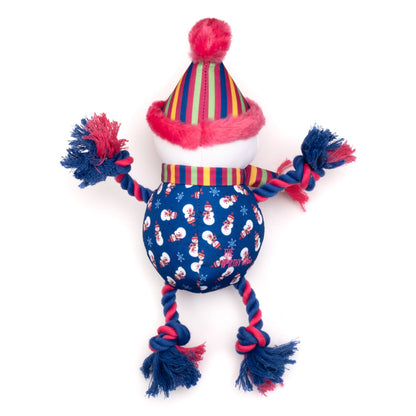 Blue Snowman Squeaky Dog Toy with Rope Arms and Legs, back view