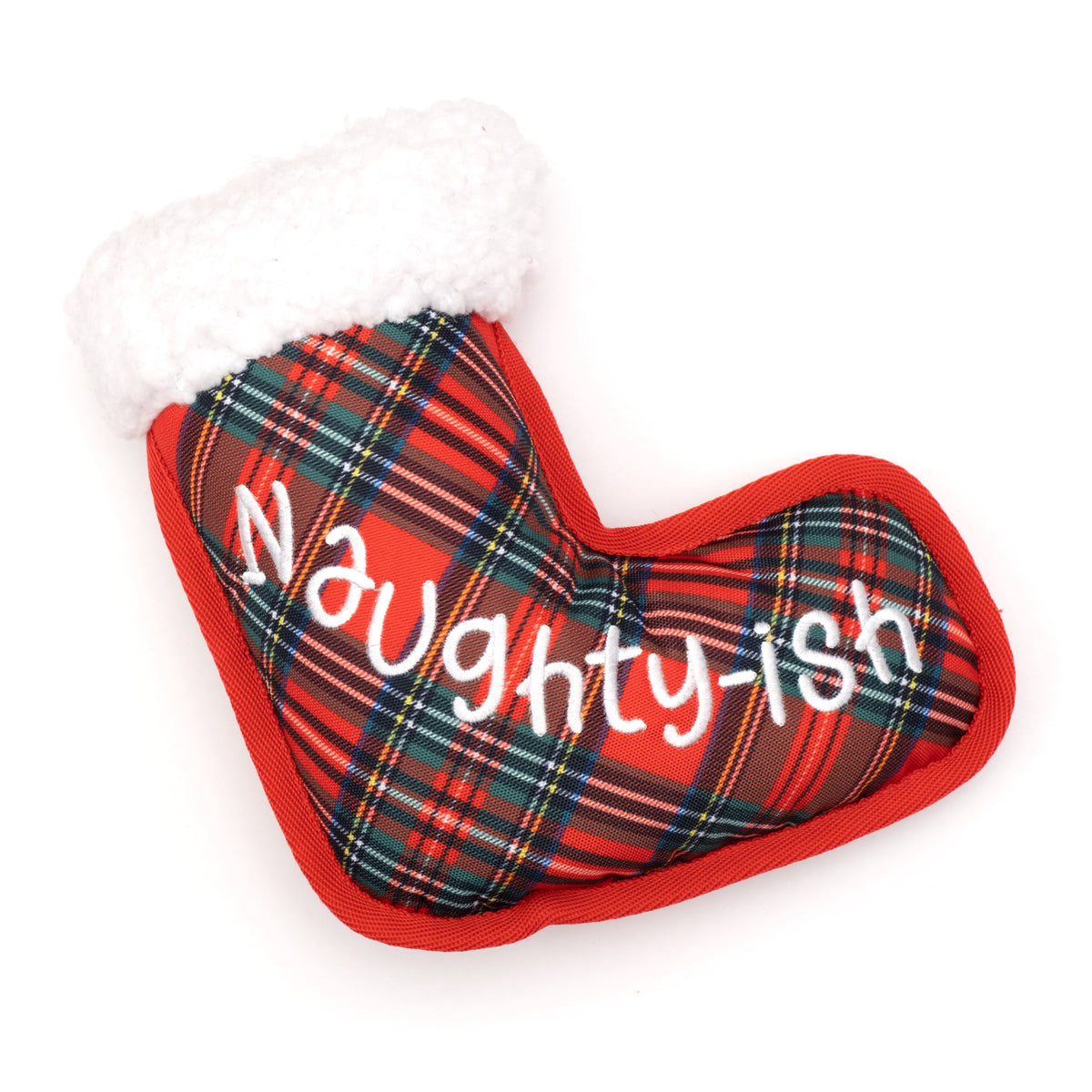 Plaid Christmas Stocking Squeaky Dog Toy, Naughty-ish side of plaid stocking
