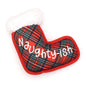 Plaid Christmas Stocking Squeaky Dog Toy, Naughty-ish side of plaid stocking