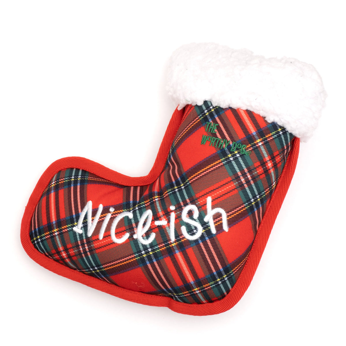 Plaid Christmas Stocking Squeaky Dog Toy, Nice-ish side of plaid stocking