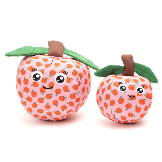 Peach Squeaky Dog Toy with Green Leaf, Small and Large size comparison