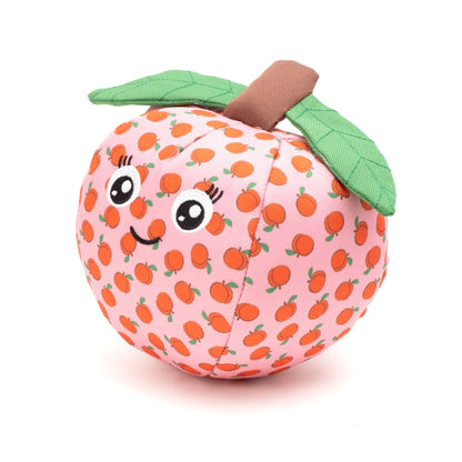 Peach Squeaky Dog Toy with Green Leaf, angled view