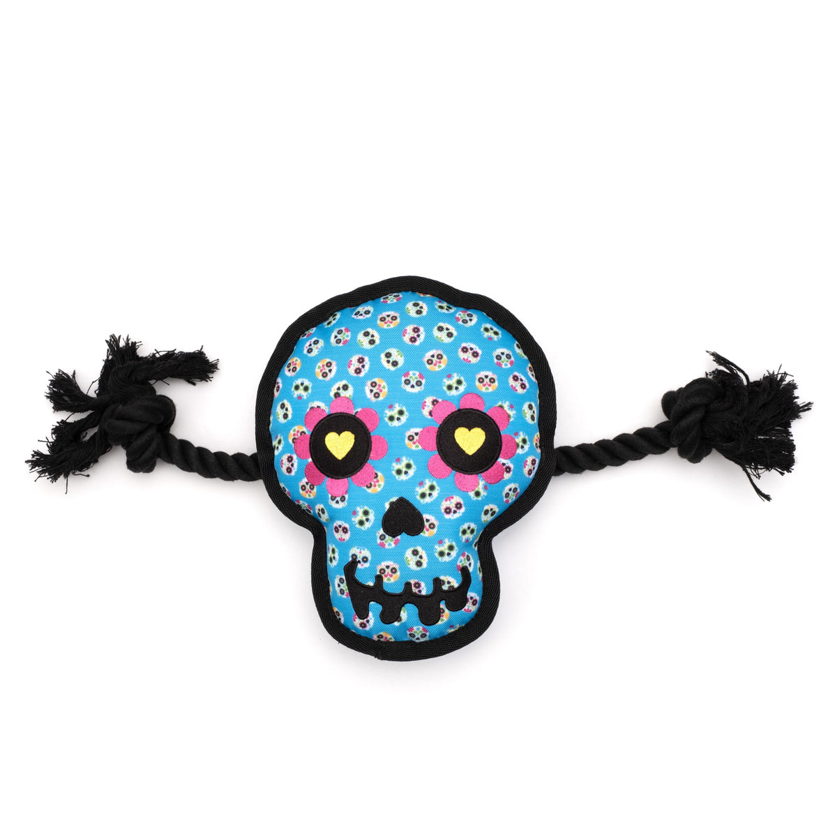 Blue Sugar Skull Squeaky Dog Toy, front view with black rope arms