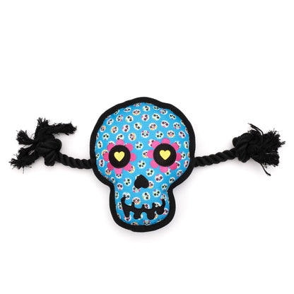Blue Sugar Skull Squeaky Dog Toy, front view with black rope arms