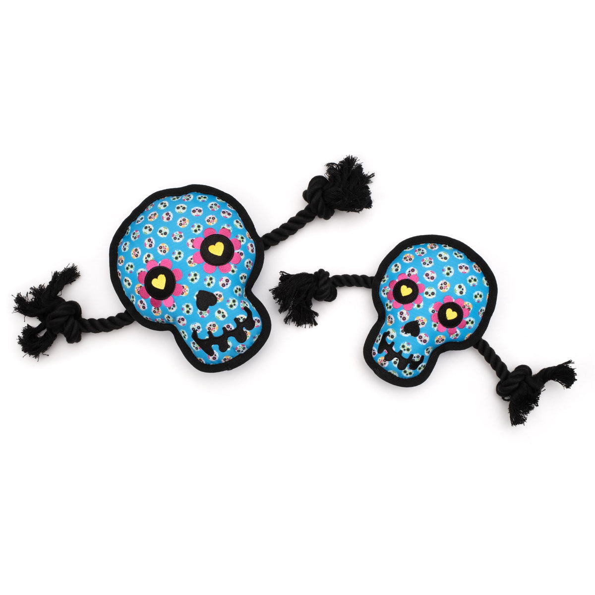Blue Sugar Skull Squeaky Dog Toy, Small and Large size comparison