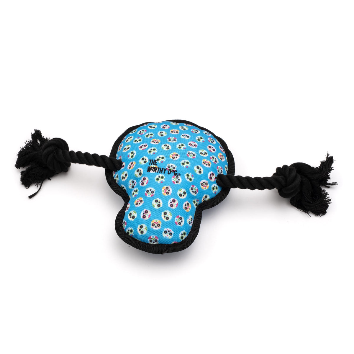 Blue Sugar Skull Squeaky Dog Toy, reverse fabric pattern