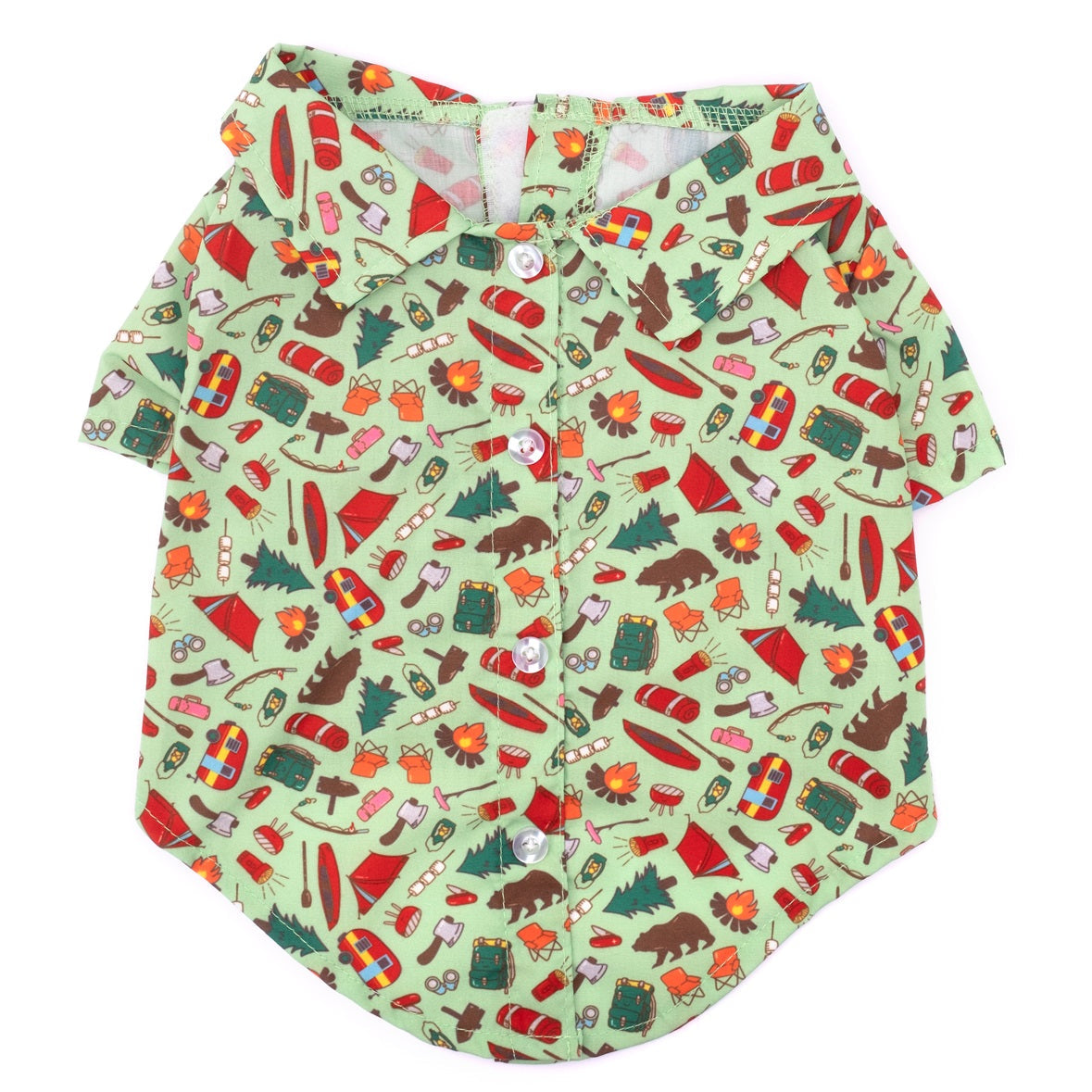 Happy Camper Dog Shirt – Polyester, Green, Sizes XS–XXL